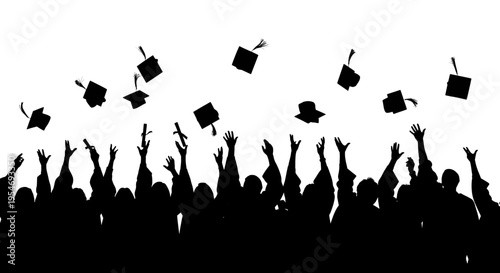 Black silhouette of a large group of graduating students throwing their caps up in celebration
