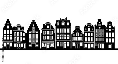 A detailed black silhouette of a row of traditional dutch houses with ornate gables and windows