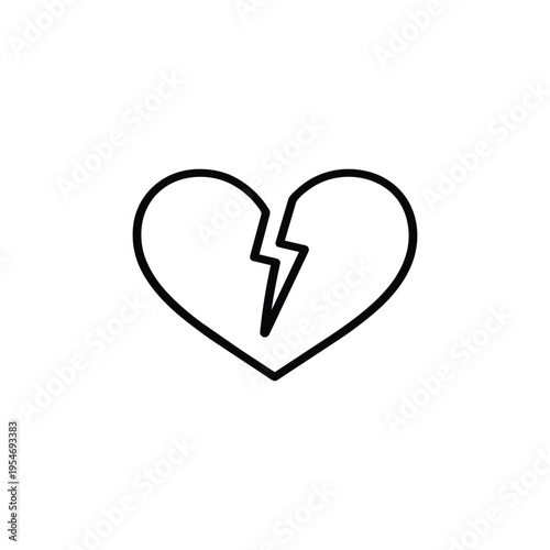 Broken heart line icon black and white vector symbol of divorce unhappy marriage breakup relationship problem