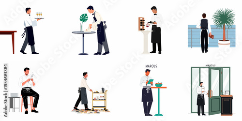 Set of professional male waiters performing various duties in a restaurant, including serving drinks, cleaning tables, taking orders, and welcoming guests.