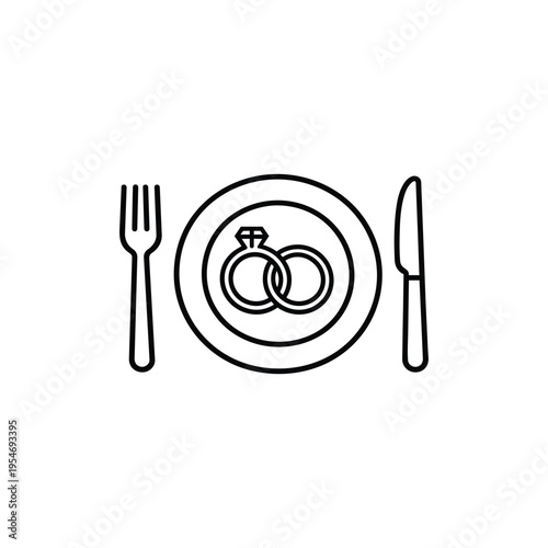 Wedding rings on dinner plate line icon black and white vector marriage proposal at restaurant romantic engagement dinner concept