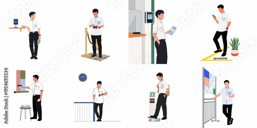 Collection of flat illustrations showing a young student performing administrative duties like paying tuition fees, waiting in line, and checking schedules on campus.