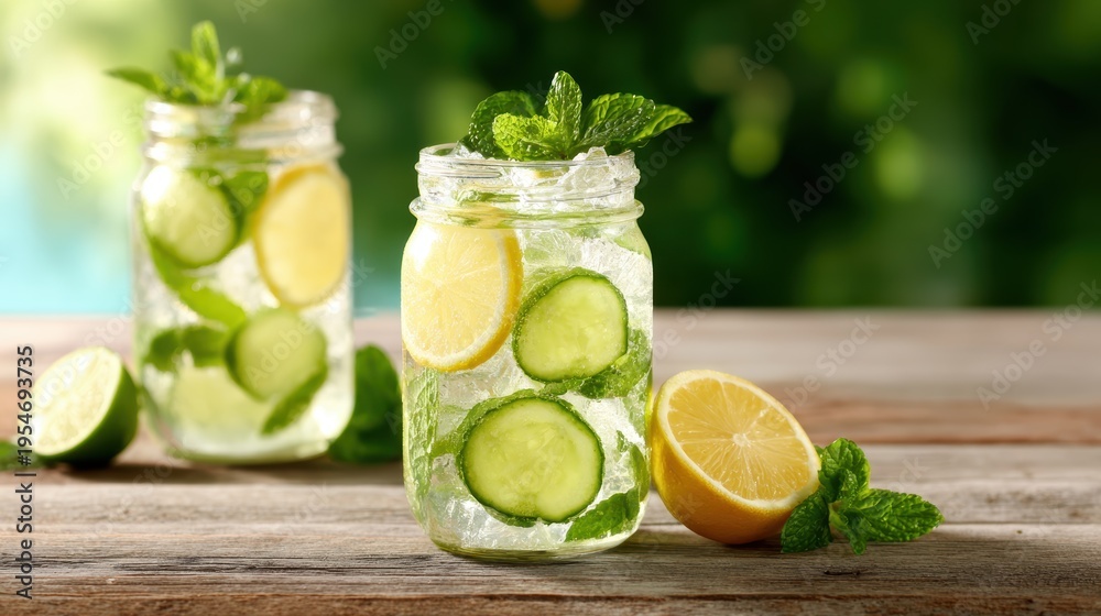 Fototapeta premium A refreshing drink of cucumber lemonade served in mason jars, featuring fresh ingredients and a vibrant presentation that embodies summer hydration and vitality.