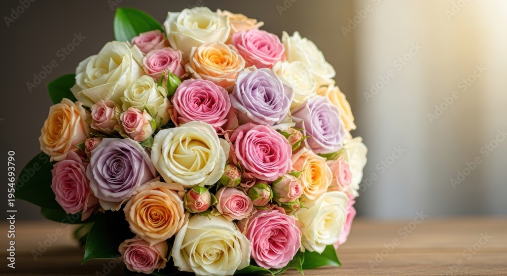 Obraz premium Vibrant and elegant bouquet of fresh pastel roses in various colors, including pink, white, yellow, and purple, arranged beautifully on a wooden surface with soft natural light
