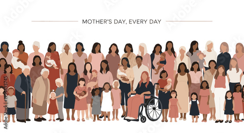 Diverse Group of Women and Children Illustration for Mother's Day, Inclusive Community of Mothers and Families with Various Ethnicities and Ages