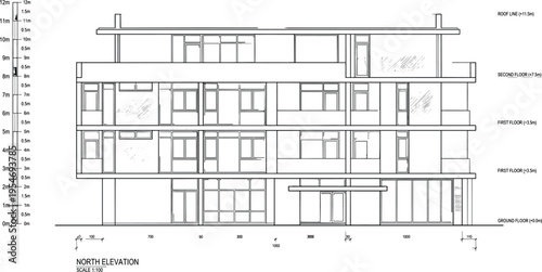 Modern architectural north elevation building plan vector illustration showing multi story residential apartment exterior facade technical drawing layout.