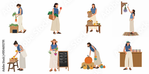 Vector illustration set featuring a woman harvesting and selling fresh organic vegetables, fruits, and homemade products at a local farmers market.