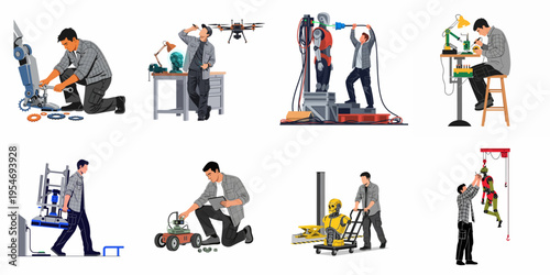 Illustrations of male engineers and technicians working on advanced robotics, drones, and electronic components in a modern laboratory or workshop environment.
