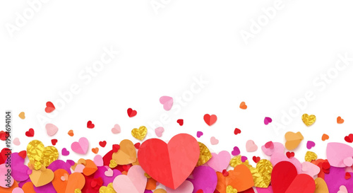 Colorful Paper Hearts Border on White Background for Valentine's Day with Copy Space