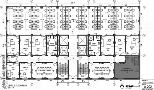 Modern commercial office floor plan vector illustration showing workstation layout conference rooms restrooms stairs elevator and mechanical room.