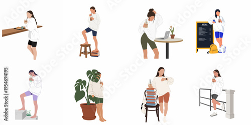 Collection of flat vector illustrations of a young woman in casual attire enjoying coffee, working, and studying in various everyday settings.