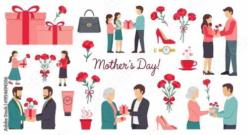Mother's Day Illustration Set with Family Characters, Flowers, and Gift Elements