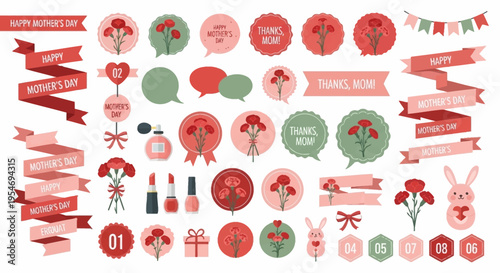 Happy Mother's Day Decorative Illustration Set: Carnation Flowers, Ribbons, Banners, Cosmetics, and Icons for Greeting Cards and Gifts
