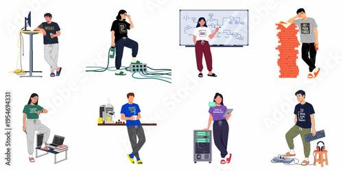 Set of flat vector illustrations featuring diverse software developers and IT specialists in casual work environments with humorous coding-related themes.