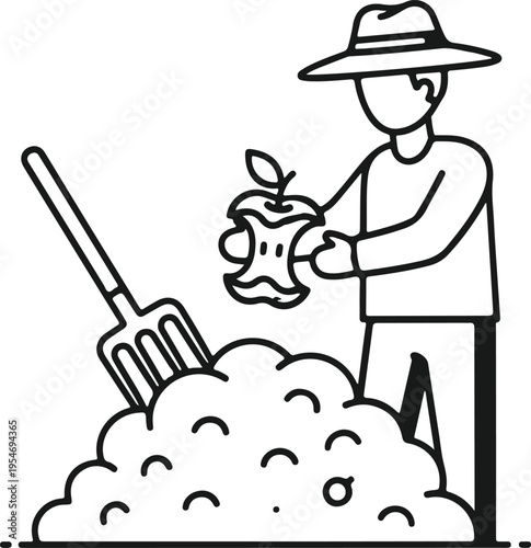A simple line drawing depicts a farmer composting with a pitchfork and apple core