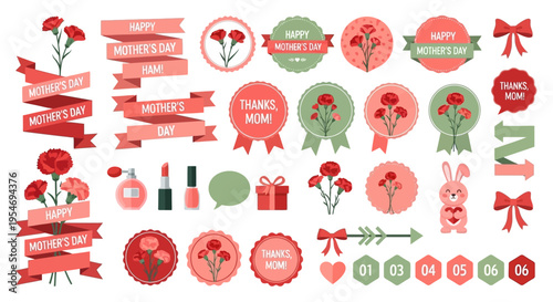 Set of Happy Mother's Day Graphic Elements with Carnation Flowers, Ribbons, Labels, and Icons for Greeting Cards and Decorations