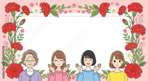 Multi-Generational Family Women Illustration with Red Carnations and Daisy Flower Frame, Blank Copy Space Background for Mother's Day or Gratitude Greeting Card