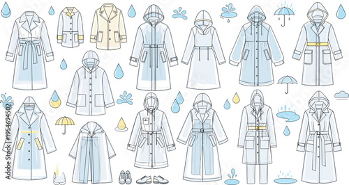 Raincoat designs collection with waterproof jackets and coats isolated on white background fashion clothing vector illustration set