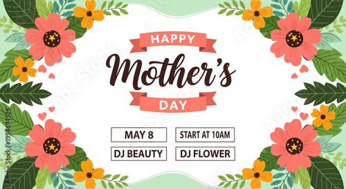 Happy Mother's Day Event Celebration Poster with Colorful Floral Frame and Decorative Ribbon Design