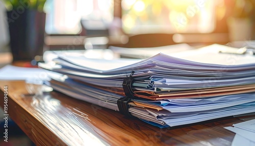 Close-up of a wooden desk with a large stack of documents held together by a binder clip, bathed in natural sunlight