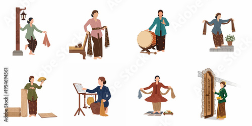 Set of illustrations featuring Indonesian Javanese women in traditional kebaya and batik attire, showcasing cultural heritage, dance, music, and daily life rituals.