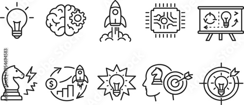 Collection of business and startup icons representing ideas, strategy, and growth