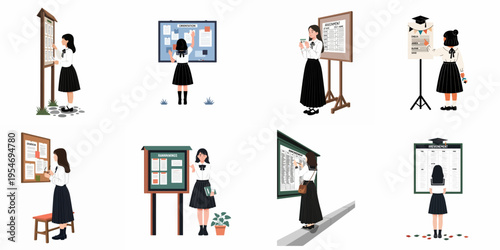 Set of Illustrations Featuring a Schoolgirl Interacting with Bulletin Boards and Announcement Signs for School Events and Orientation.