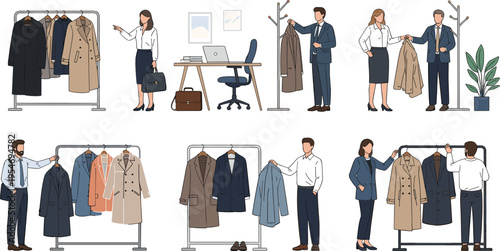 People choosing coats in clothing store with racks and outfits isolated on white background shopping fashion vector illustration set