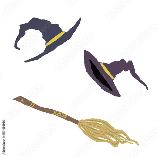 Flying Witch Hat and Broom Hand Drawn Vector Illustration