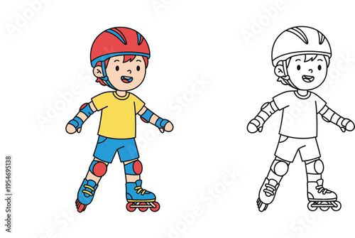Vector illustration of a cute little boy roller skating with safety gear, colored version and black and white line art for kids coloring book.