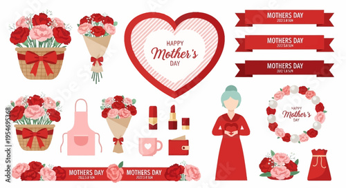 Mother's Day Vector Illustration Set with Red Carnations, Floral Bouquets, Heart Frames, Banners, and Gift Icons for Holiday Greetings and Card Design