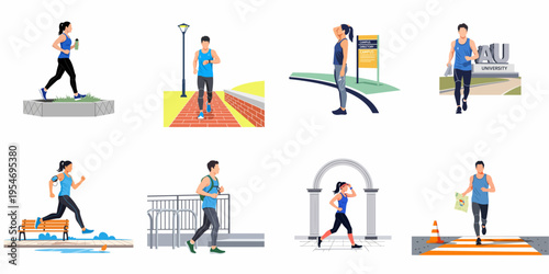 Set of flat vector illustrations depicting young men and women jogging, running, and staying active in various outdoor and university campus settings.