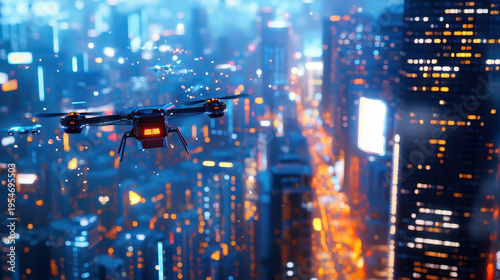 Stunning aerial view of drone flying over vibrant futuristic cityscape at night, showcasing bright lights and towering skyscrapers