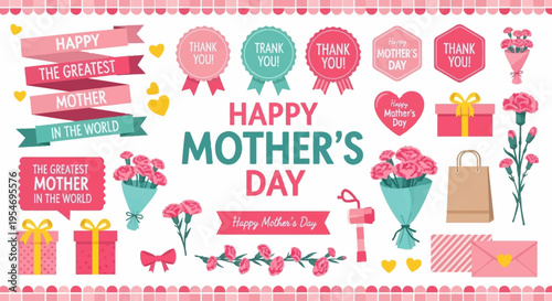 Happy Mother's Day Graphic Element Set with Pink Carnations, Ribbons, Badges, and Gift Boxes - Flat Vector Illustration for Greeting Cards and Marketing