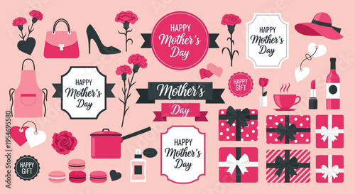 Happy Mother's Day Vector Illustration Set with Pink Icons, Flowers, Gift Boxes, and Fashion Accessories for Social Media, Greeting Cards, and Marketing