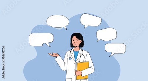 Professional female doctor in a white coat surrounded by empty speech bubbles representing medical consultation and health advice.