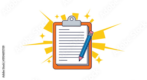 Clipboard with a document and a pencil highlighted by a bright yellow starburst background for successful task completion.