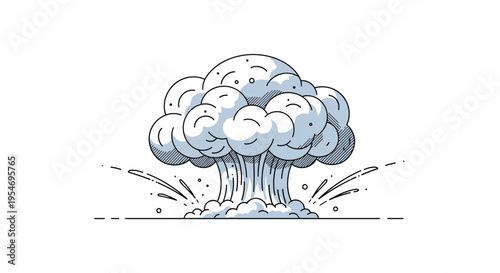 Dramatic line art illustration of a mushroom cloud from a nuclear explosion with debris and shockwave effects on a white background.