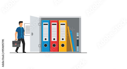 Office worker placing a document into a large filing cabinet with colorful ring binders for document organization and archiving.