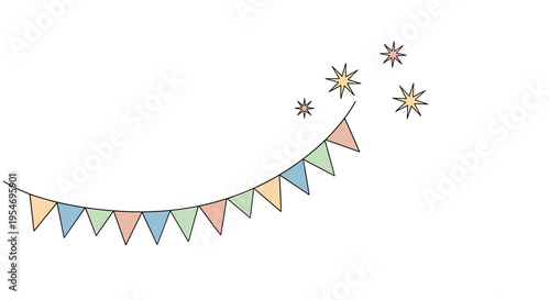 Colorful triangular bunting flags hanging on a string with decorative stars for party celebration and festive events.