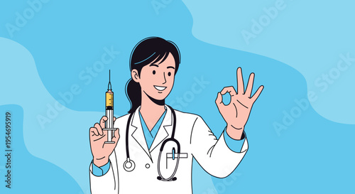 Friendly female doctor in white coat holding a medical syringe and making an okay hand sign for vaccine confidence.