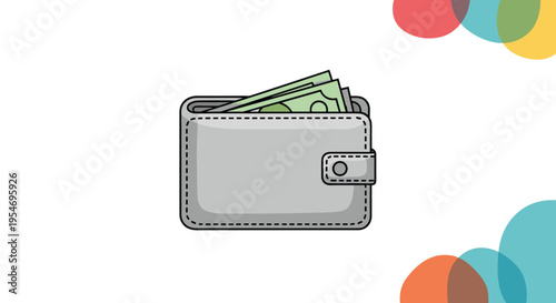 Gray leather wallet with green paper currency money bills peeking out against a white background for finance and savings.