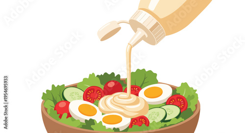Pouring creamy mayonnaise sauce from a bottle onto a fresh healthy vegetable salad with tomatoes cucumbers and boiled eggs.