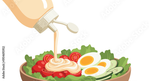 Delicious healthy vegetable salad being garnished with rich creamy mayonnaise dressing for a nutritious lunch or dinner.