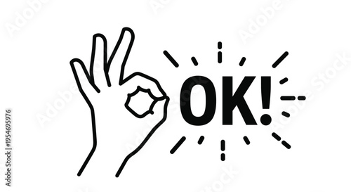 Hand drawn human hand making an okay gesture next to the text OK representing agreement approval and positive feedback.