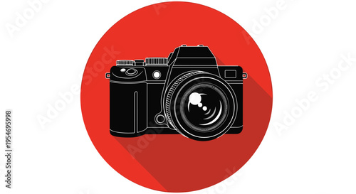 Professional black DSLR camera icon placed inside a red circle with a long shadow for photography and imaging concepts.