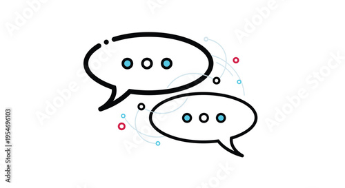 Two overlapping speech bubbles with dots inside and abstract lines for communication messaging and social media icons.