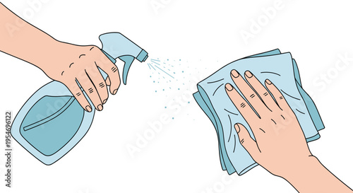 Hand spraying cleaning liquid from a blue bottle onto a soft cloth for surface sanitization and hygiene maintenance.