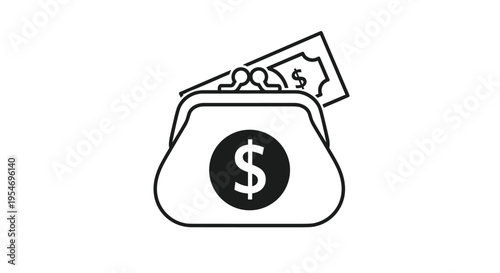 Line art icon of a coin purse with a dollar sign and paper banknote for money management and financial transactions.