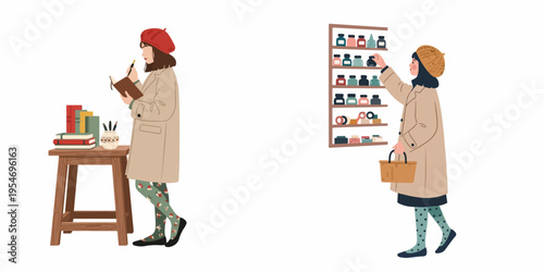 Vector illustrations of a young woman writing in a notebook and browsing a shelf of jars, representing creative hobbies and daily life activities.
